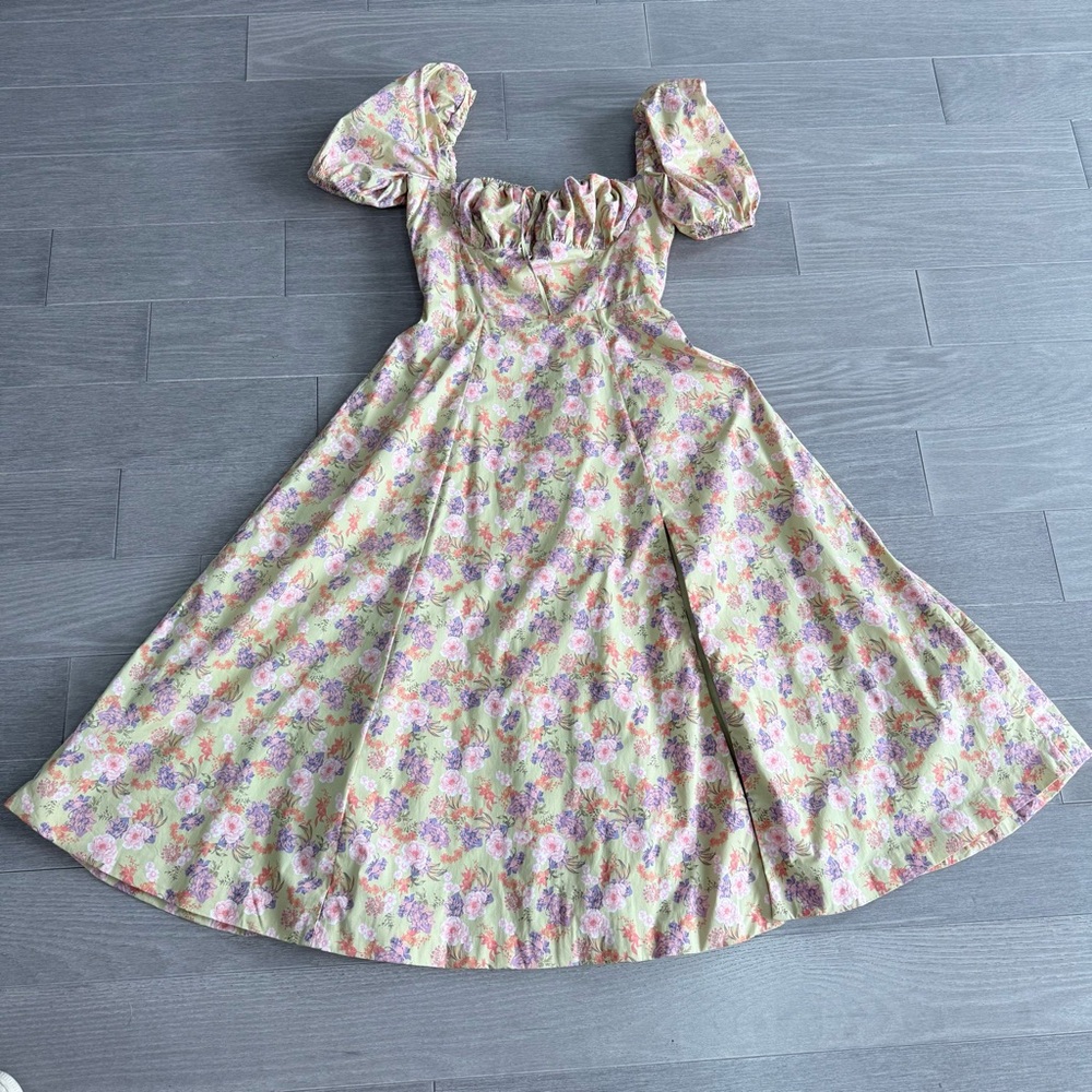House of CB TALLULAH Peony Print Puff Sleeve Midi Sundress L Cottagecore Peasant - Picture 14 of 16